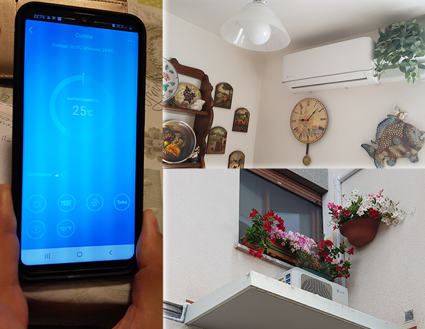 Telefon s aplikacijom za kontrolu sistema, fotografije instaliranih unutrašnjih i vanjskih jedinica